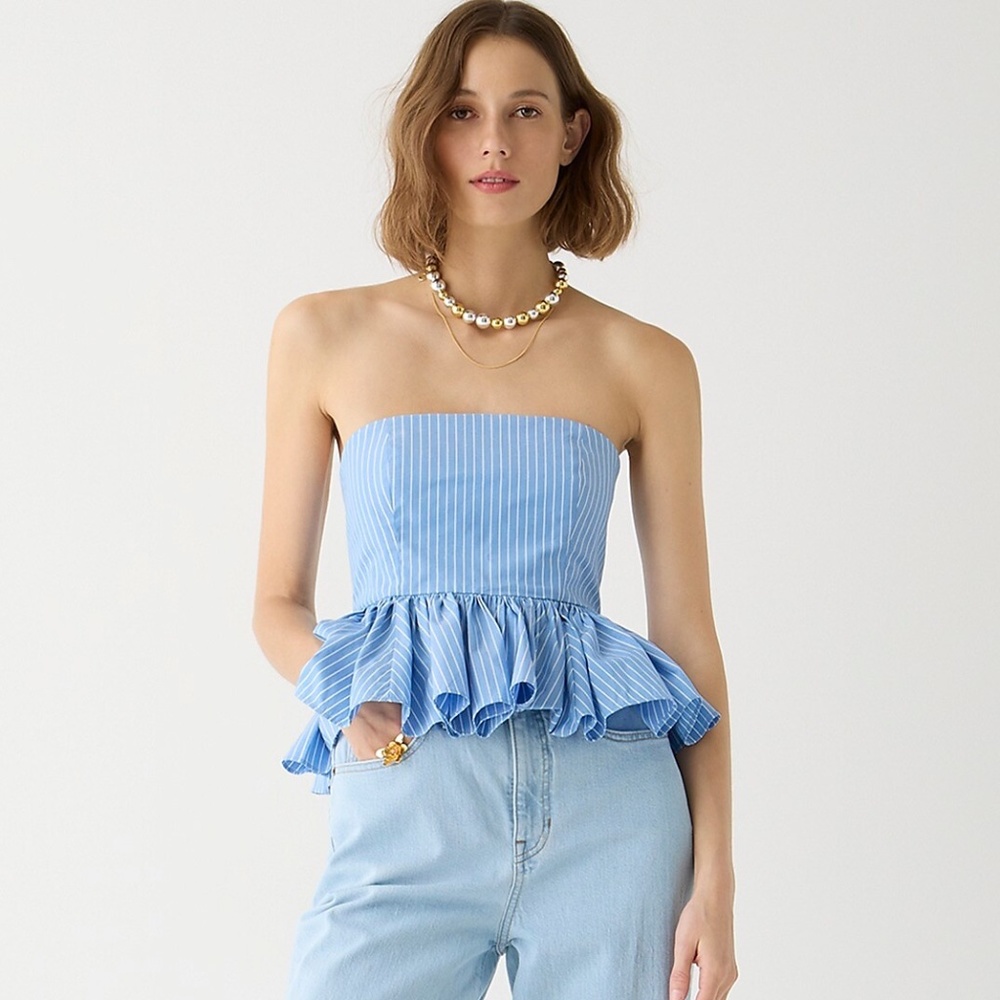 J. Crew Light Blue Pinstripe Strapless Peplum Top